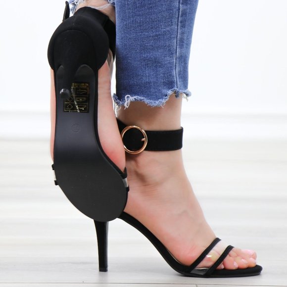 Velvet Black Open Toe Clear Strap High Heel Sandal - Picture 3 of 13